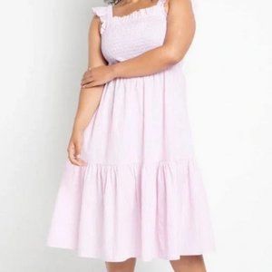 Eloquii Smocked Bodice Ruffle Day Dress Pink Stripe